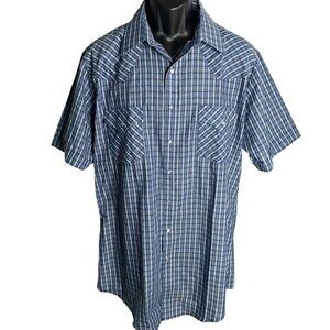 Vintage Ely Cattleman Pearl Snap Western Shirt LT Blue Plaid Pocket Short Sleeve